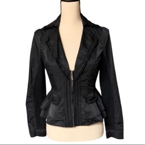 WHBM Women’s Black Zip Front Ruffled Hem Lightweight Waist Jacket Coat S